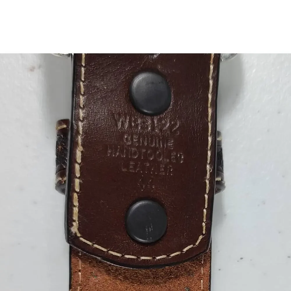 Ranger Belt Company Brown Black Silver Tone Cross Conchos Hand Tooled Belt 44